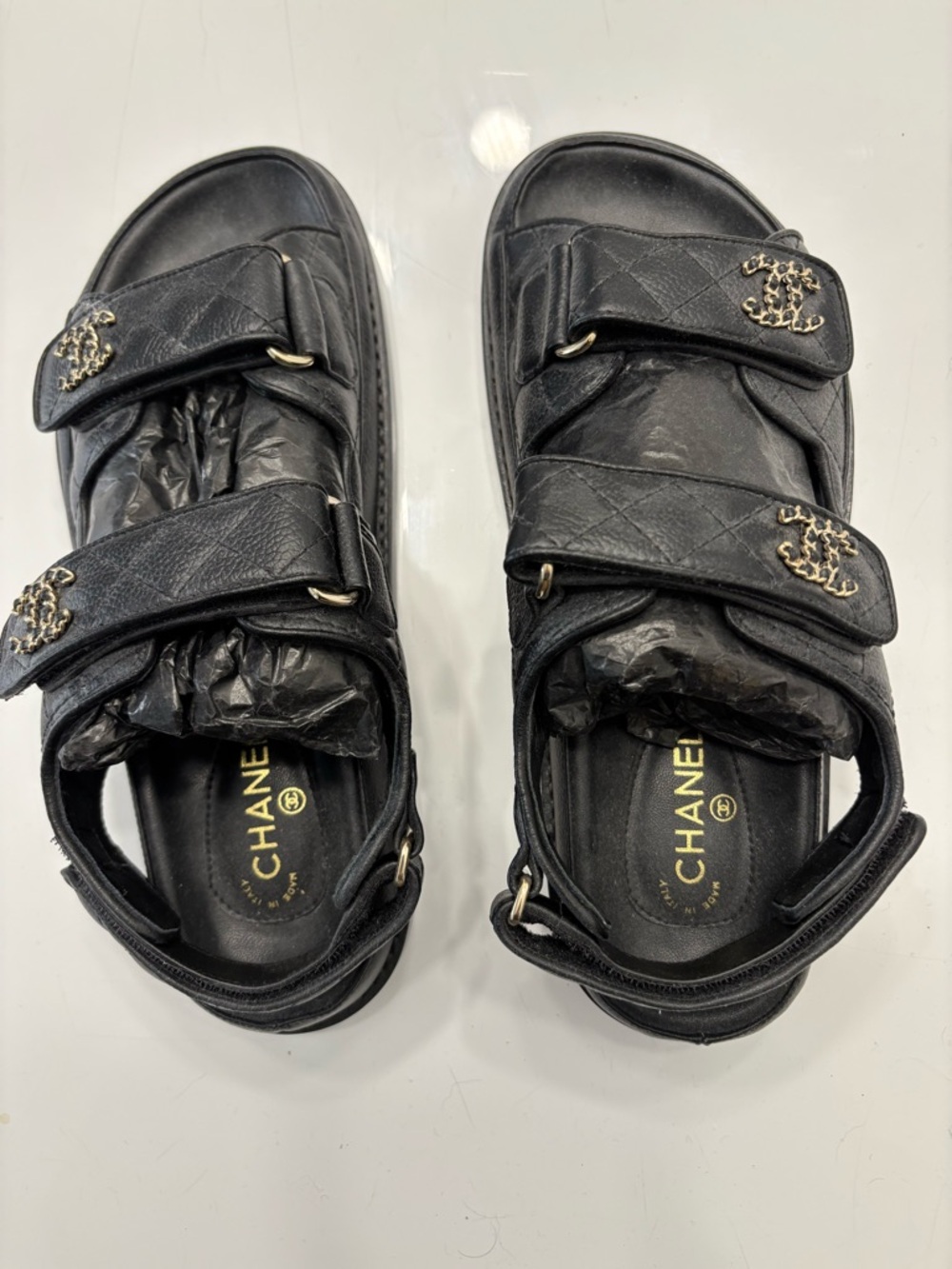CHANEL Black Quilted Leather Velcro Sandals with Gold CC Hardware